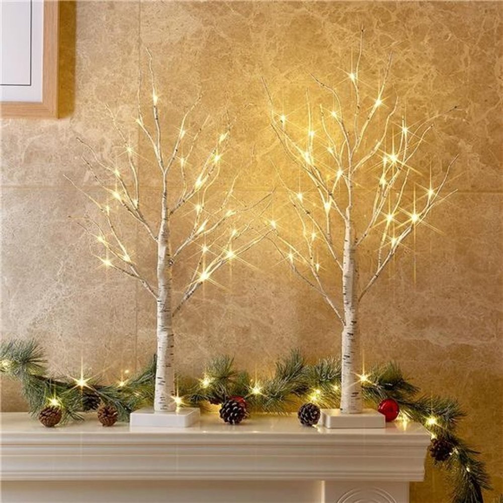 Easter Tree, 2FT Birch Tree with LED Lights, Battery Powered, Timer (2PK)